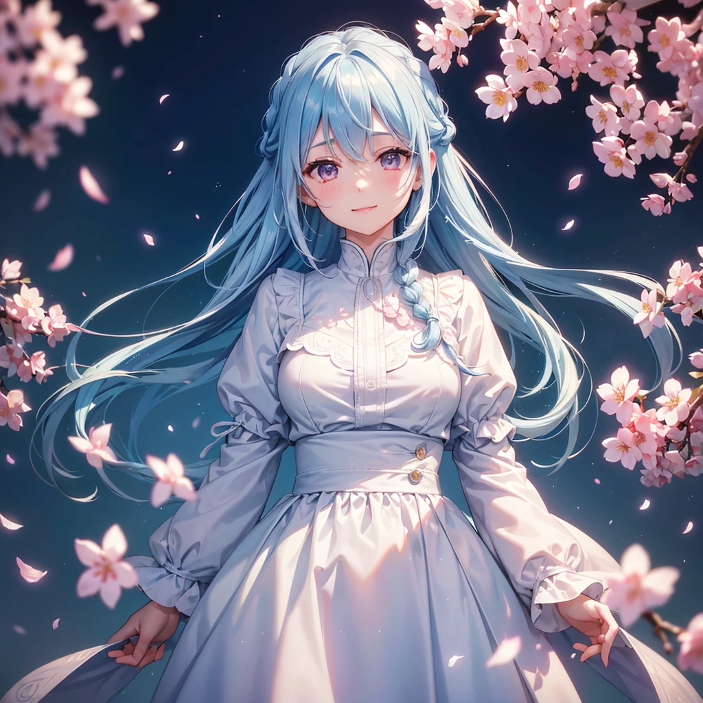 (Light blue medium hair),(Braided hair tied together)、Pink eyes、Fair skin、(whole body)、(uniform)、Cherry Blossoms at Night、A big smile、A dignified figure、solo、(masterpiece、Highest quality、Very detailed、Best Shadow)、(Detailed Background)、(Beautifully detailed face)、High contrast、(Best lighting、Very delicate and beautiful)、((Cinematic Light))、colorful、Hyper Detail、Dramatic Light、Exquisite detail、