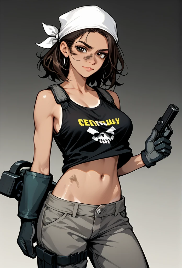 masterpiece, best quality, mature woman, messy hair, black hair, brunette gradient hair color, hot face, (tomboy face), tan skin, mature body, fit body, medium breasts, mechanic gloves, (dirty tank top), stained tank top, midriff, white bandana, mechanic pants, loose pants, blacksmith