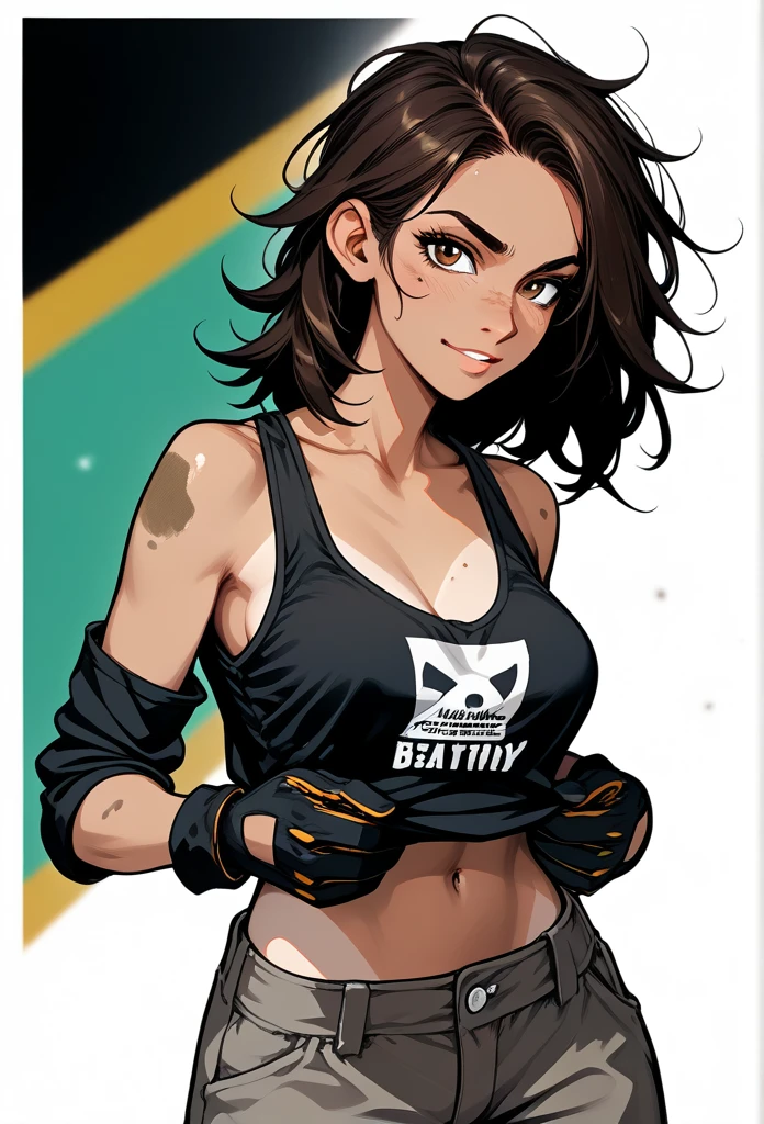 masterpiece, best quality, mature woman, messy hair, black hair, brunette gradient hair color, hot face, (tomboy face), tan skin, mature body, fit body, medium breasts, mechanic gloves, (dirty tank top), stained tank top, midriff, white bandana, mechanic pants, loose pants, blacksmith