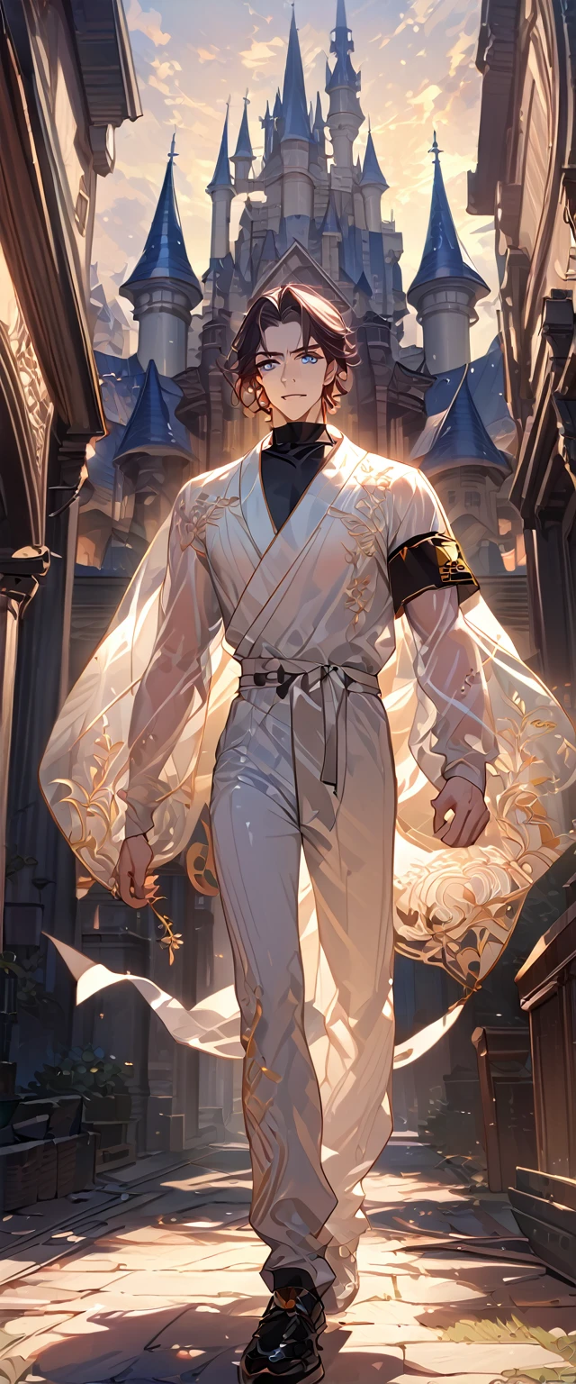 masterpiece, best quality, 8k ,4k ,solo, male, short dark blue reddish hair, black sleeveless turtle neck shirt, transparent robe hanging by the shoulder, transparent embroidery robes, white jogger pants, Walking, Manly pose, muscle arms, plain black armband, bangs, blue reddish eyes, pale skin, sharp look, Sharp eyes, Morning walk, Castle Hall Background, high quality, extremely detailed, finely detailed eyes and detailed face, slender body, inspired by Asukaziye artist : ask, art style : ask