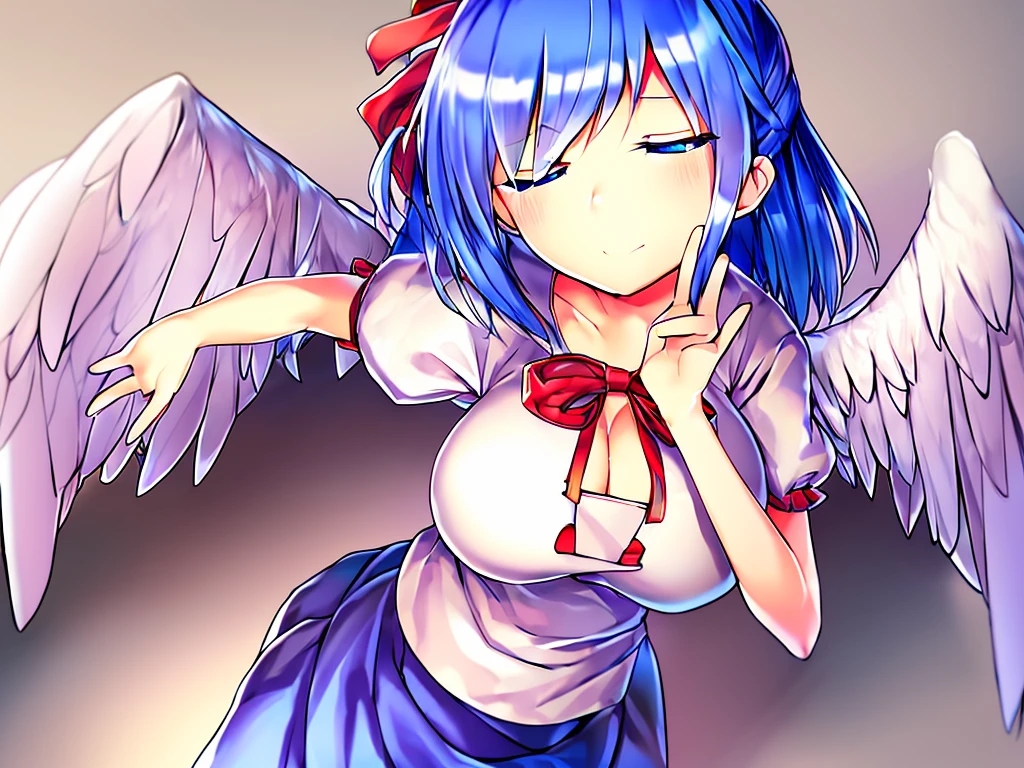 (best quality,4k,8k,highres,masterpiece:1.2), ultra-detailed, highly detailed texture, intricate details, high quality textures, A cute teenage angel with blue eyes, drawn in anime style, 1girl, , , 10 years old, medium blue hair, hair flaps, pink ribbon on head, well-formed face, blue eyes, angel girl, white blouse, puffy short sleeves, red ribbon, angel wings, long white skirt, red shoes, frills, ribbon head, A pair of angel wings on the back, clean line drawings, from behind, to lift up one’s skirt, cowboy shot, from front, standing , raise one leg, crossed arms, arms up behind, arms behind back, hand between legs, put hands hip, one hand on hip, forward hands, arms raised in the air, punch hands, peace sign, waving, put up index finger, sit, lie down, closed eyes, lie face down, looking back, put one hand chest, leaning forward, cleavage, close up, horizontally outstretched arms, horizontally outstretched legs, front view, front face, huge breasts for short stature