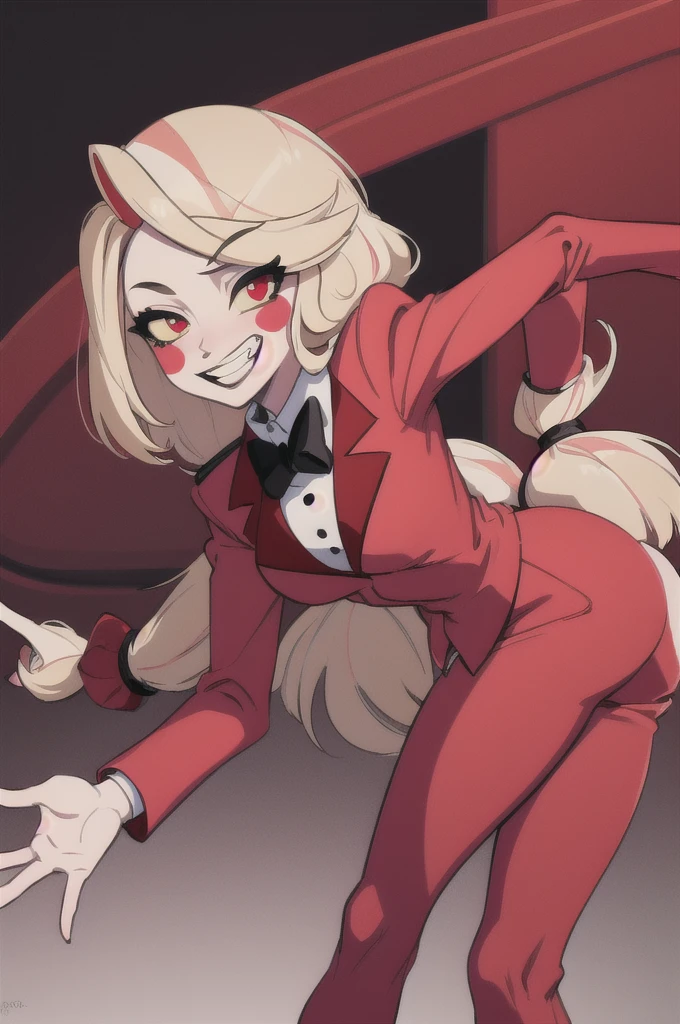 (masterpiece, best quality:1.2), solo, 1girl, charlie morningstar, colored skin, grin, looking at viewer, colored sclera, red jacket, bowtie, red pants, smiling, looking at the viewer, ass focus, horny, ass being grabbed in aggressive way, hands on ass, cute, cute smile,