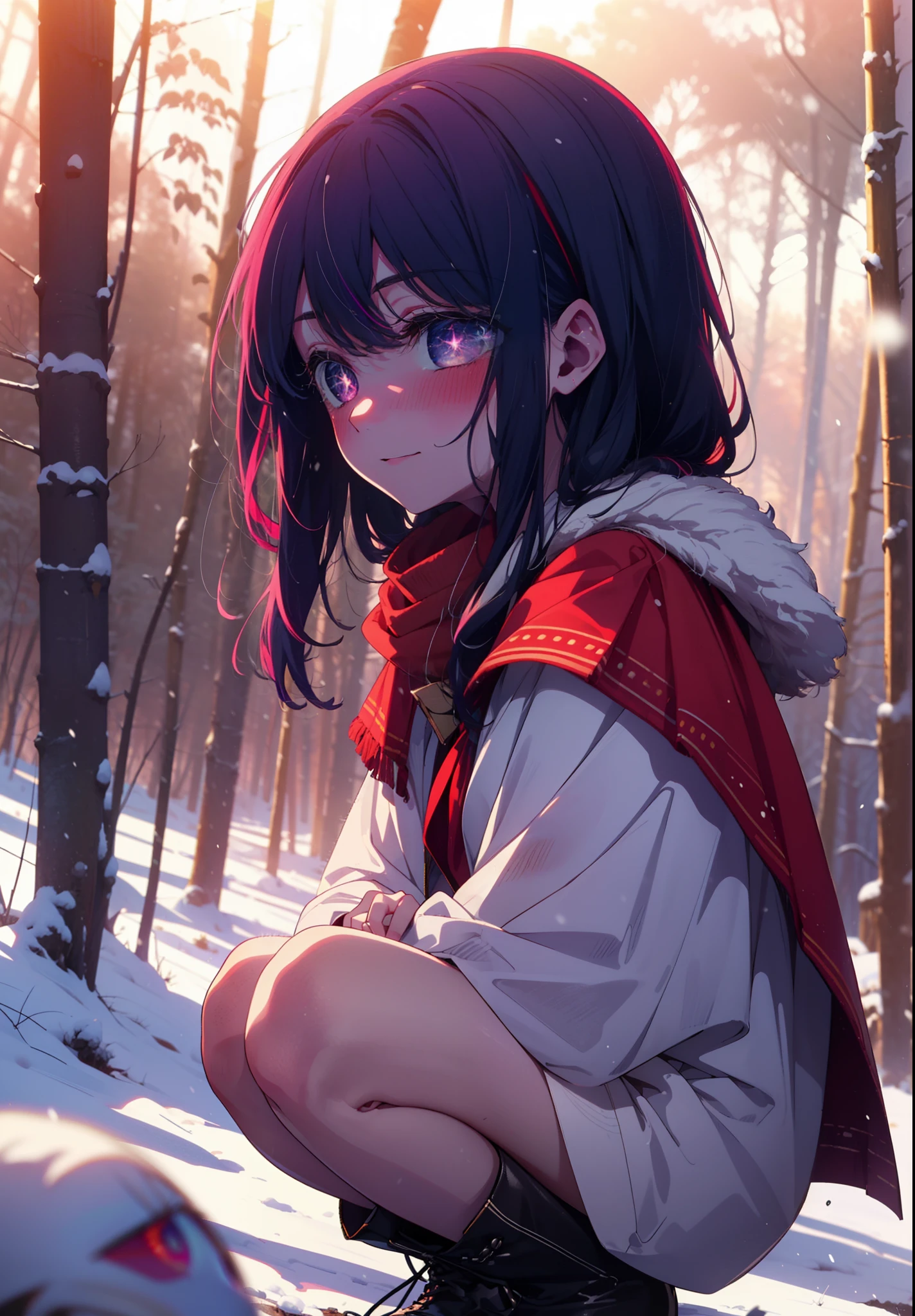 aihoshino, Ai Hoshino, Long Hair, bangs, (Purple eyes:1.1), Purple Hair, (Symbol-shaped pupil:1.5), smile,,smile,blush,white breath,
Open your mouth,snow,Ground bonfire, Outdoor, boots, snowing, From the side, wood, suitcase, Cape, Blurred, , forest, White handbag, nature, Squat, Mouth closed, Cape, winter, Written boundary depth, Black shoes, red Cape break looking at viewer, Upper Body, whole body, break Outdoor, forest, nature, break (masterpiece:1.2), Highest quality, High resolution, unity 8k wallpaper, (shape:0.8), (Beautiful and beautiful eyes:1.6), Highly detailed face, Perfect lighting, Highly detailed CG, (Perfect hands, Perfect Anatomy),