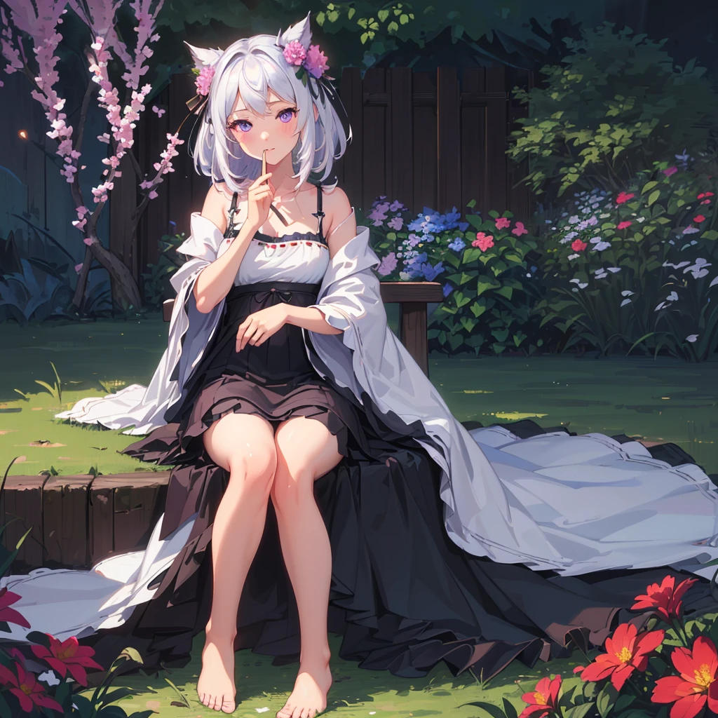 (best quality,4K,8K,high resolution,masterpiece:1.2),Extremely detailed,(Practical,photoPractical,photo-Practical:1.37),illustration,Soft lighting,White hair girl,Deep purple eyes,Glowing eyes,sit down,barefoot,blush,In the garden at night,Flowers.
