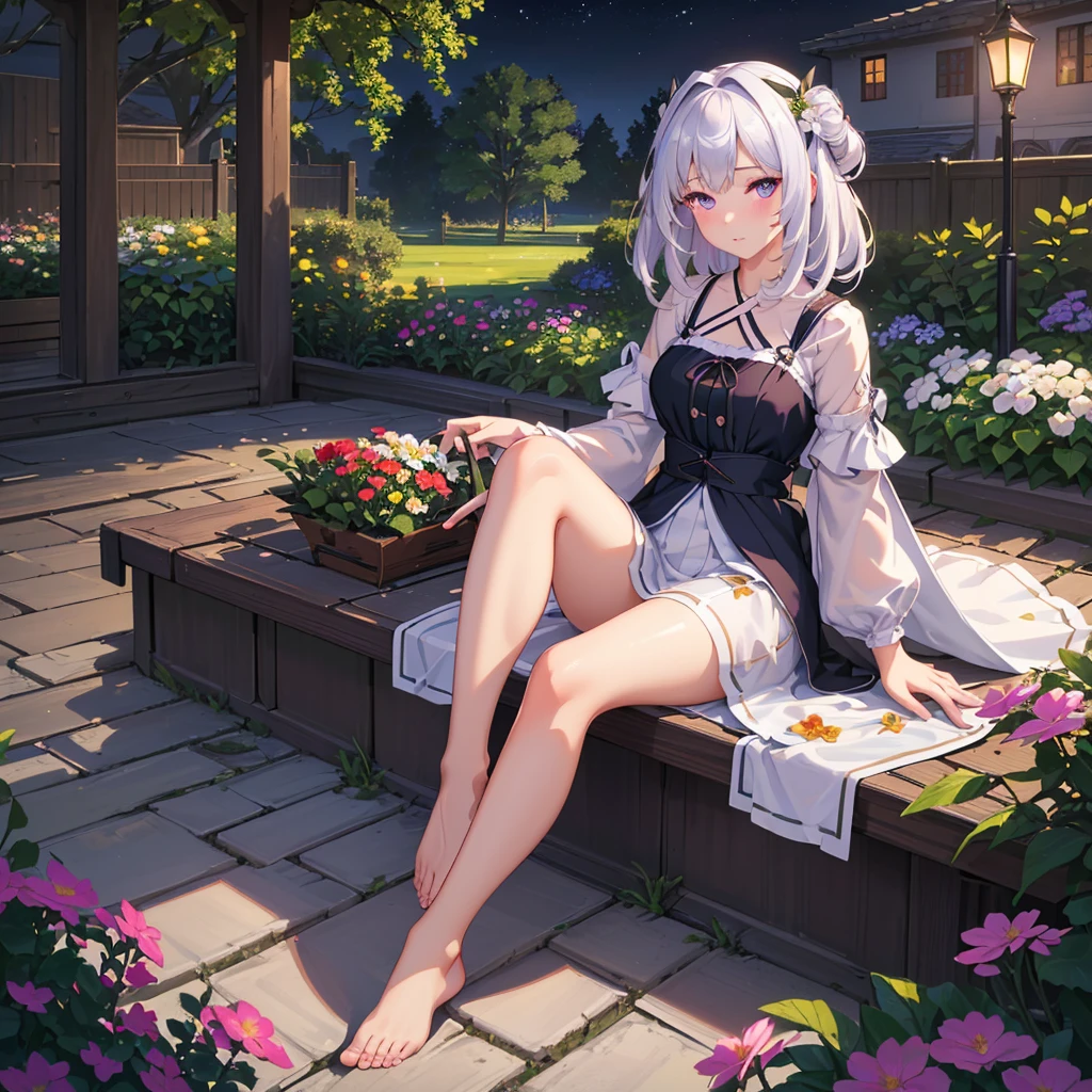 (best quality,4K,8K,high resolution,masterpiece:1.2),Extremely detailed,(Practical,photoPractical,photo-Practical:1.37),illustration,Soft lighting,White hair girl,Deep purple eyes,Glowing eyes,sit down,barefoot,blush,In the garden at night,Flowers.