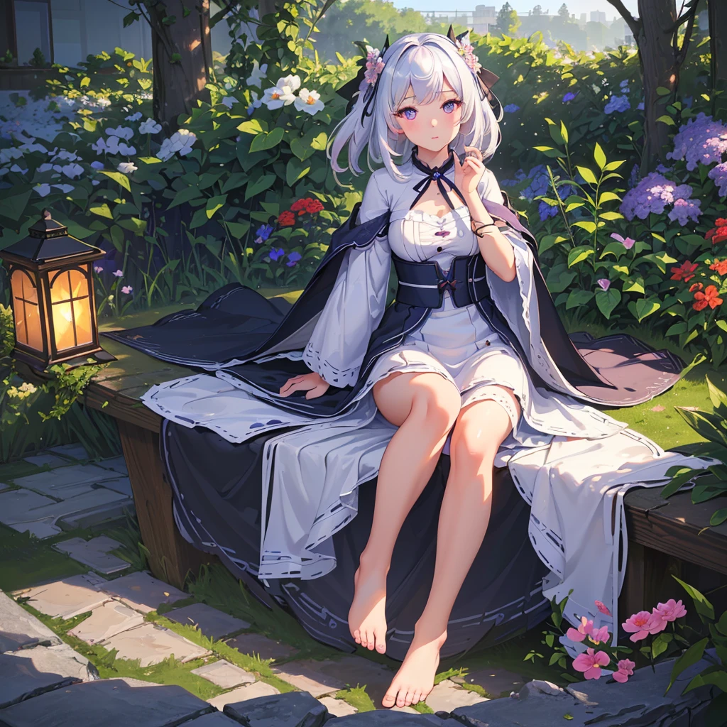 (best quality,4K,8K,high resolution,masterpiece:1.2),Extremely detailed,(Practical,photoPractical,photo-Practical:1.37),illustration,Soft lighting,White hair girl,Deep purple eyes,Glowing eyes,sit down,barefoot,blush,In the garden at night,Flowers.