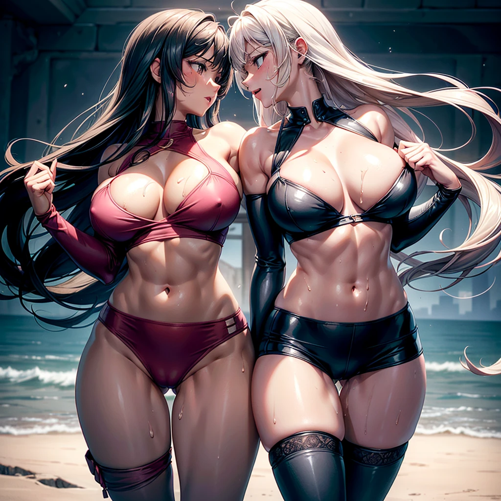 Two beautiful girls with healthy skin, lesbians and visible muscles are kissing and licking each other, drool flowing from the corners of the mouth, staring eyes, exaggerated blond hair, sharp edges, cleverly melted vanilla ice cream, cream cheese syrup flowing down, stains Dripping all over the body, teasing poses, breast touching.      Clothes can accidentally unravel (come apart), become embedded (causing the garment to pull on the crotch), crop tops can rip, and tops can slip off (causing exposure).      The expression is fiery and defiant.     (Masterpiece, best quality: 1.2), beauty, pink hair, shiny skin, seductive pose, cleavage, wet skin, exposed breasts, big breasts, exposed breast details, healthy tanned skin, The skin-colored shorts and underwear that exposed her buttocks were moved to one side of her thighs, and a large amount of thick white liquid seeped out of them.     Amazing ass and spread legs.       Details: The legs are spread wide, the M-shaped legs are dark, the eyes are super beautiful and shining during orgasm, and the big breasts reveal the cleavage.            nipple.       navel, light pink, muscular, legs spread, juicy, wet, seductive, big breasts, cleavage exposed, navel, dark brown skin, blonde, long straight hair, schoolgirl cut, cosplay, late night, wet, out Sweaty Armpits, (Tanned Face): 1.6), Field Bokeh, (Detailed Background), Perfectly Layered Crop, (Full Body Shot/Cowboy Shot/Side View), 8K, Gorgeous Lips, (Masterpiece), ( Best Quality), (Super Detailed), ((Sexy; 1.5)) Very Beautiful, Illustrations, Perfect Composition, Intricate Details, Extremely Detailed Faces, (Anime, Masterpiece, Complex: 1.3), (Best Quality, Features Textures, High Detail: 1.2), (4k), (Extreme Detail: 1.4) Moody Lighting