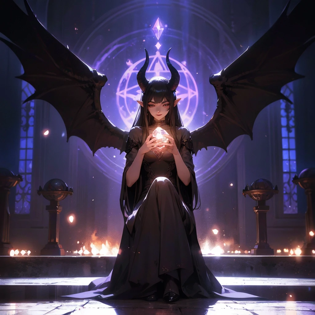 full body, female magical demon type hybrid, beautiful detailed eyes, beautiful detailed lips, extremely detailed eyes and face, long eyelashes, horns, detailed demonic features, sitting down, legs crossed, holding a magic crystal ball in one hand, magical energy emanating from crystal ball, dark fantasy, chiaroscuro lighting, dramatic lighting, moody atmosphere, muted color palette, cinematic composition, photorealistic, 8k, high quality, masterpiece, concept art