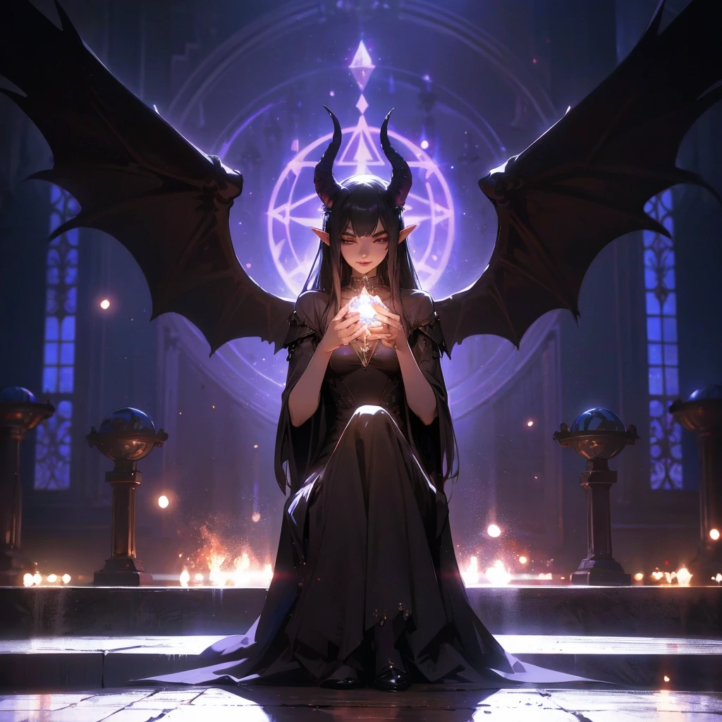 full body, female magical demon type hybrid, beautiful detailed eyes, beautiful detailed lips, extremely detailed eyes and face, long eyelashes, horns, detailed demonic features, sitting down, legs crossed, holding a magic crystal ball in one hand, magical energy emanating from crystal ball, dark fantasy, chiaroscuro lighting, dramatic lighting, moody atmosphere, muted color palette, cinematic composition, photorealistic, 8k, high quality, masterpiece, concept art