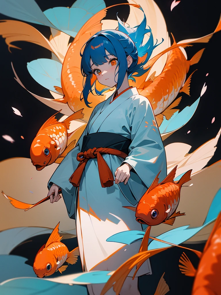 A detailed anime-style illustration of a young girl with heterochromatic eyes (one blue and one orange), wearing a traditional Japanese uniform. She is surrounded by vibrant goldfish swimming around her. Her hair is flowing in the wind, and the background features a serene pond with lily pads and cherry blossom petals gently falling. The lighting should be dramatic, with strong contrasts between light and shadow, enhancing the depth and dimension of the scene. The overall color palette should remain warm and harmonious, with additional details in the background to create a more immersive environment.