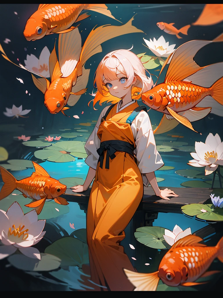 A detailed anime-style illustration of a young girl with heterochromatic eyes (one blue and one orange), wearing a traditional Japanese uniform. She is surrounded by vibrant goldfish swimming around her. Her hair is flowing in the wind, and the background features a serene pond with lily pads and cherry blossom petals gently falling. The lighting should be dramatic, with strong contrasts between light and shadow, enhancing the depth and dimension of the scene. The overall color palette should remain warm and harmonious, with additional details in the background to create a more immersive environment.
