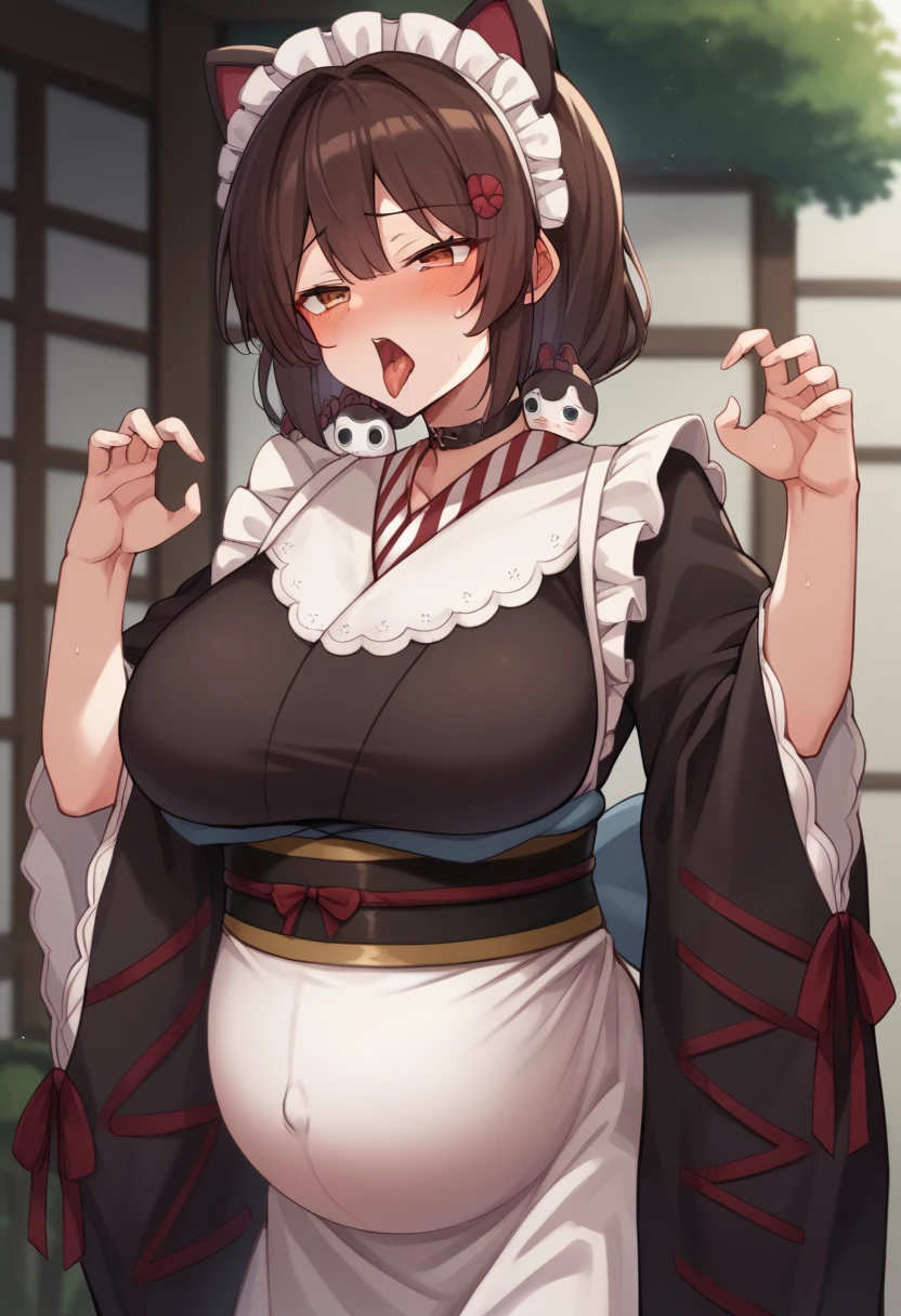 masterpiece,Highest quality,anime,Blowjobgesture,Blowjob_gesture,One girl,blush,Open_moutsideh,tongue_outside,White sweater,Large Breasts, Clenched fist
、choker, maid headdress, black kimono, wide sleeves, frills, obi, white apron, sleeves past wrists,srimk、blush、tongueを出す、Dark brown hair、Huge breasts、Pregnant women