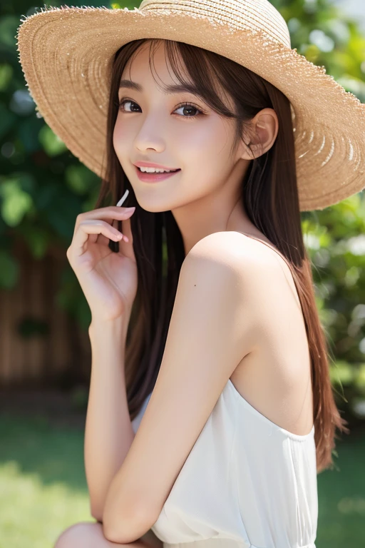 Masterpiece、High resolution、Live-action version、32k.Professionally taken photos、High-level images、Small face、Sparkling eyes、the body is slim、Small face、double eyelid、Long eyelashes、Tear bags、Slender body、slim and beautiful legs、A sparkling smile、White dress with short sleeves、Slender body、Slender limbs、White skin、Smooth semi-long hair、A special beautiful girl、Wearing a small straw hat、