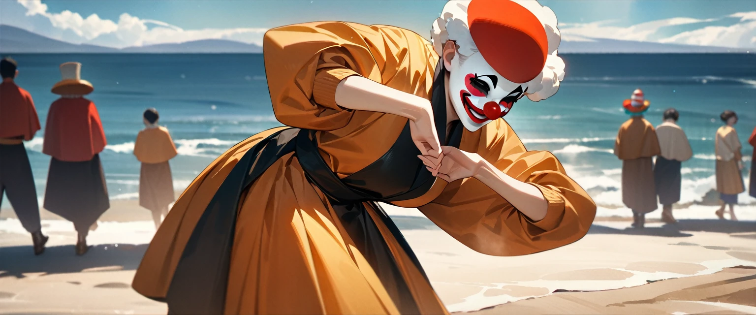 (((masterpiece,Highest quality))),(((A clown of unknown gender and face))),((Dancing wildly all by myself)),(A wilderness with an empty horizon,Sky displayed in a virtual texture),Focus on people,(high quality),アニメ