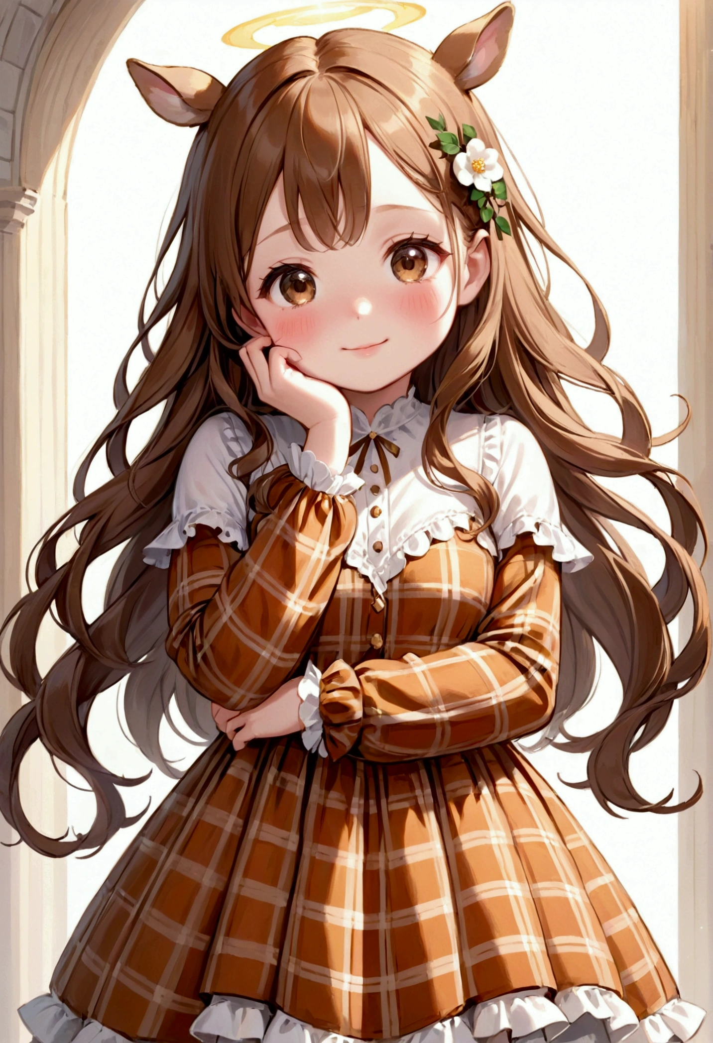 Very beautiful and sweet women, with innocent shy facial expression with sweet smile, long wavy honey brown hair, white skin complexion, brown doe eyes. Very detailed. cute plaid dress, blushing rosy cheeks, , chubby and adorable