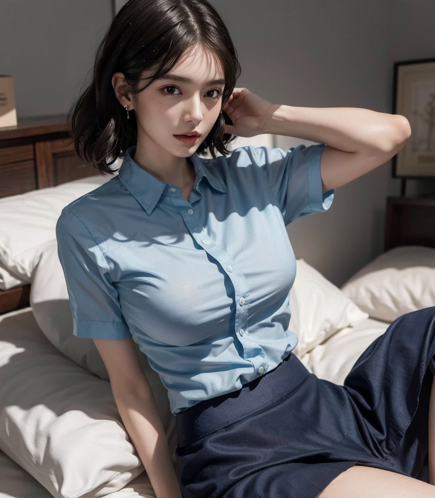 absurdres, RAW photo, extremely delicate and beautiful, masterpiece, Best Quality, ultra high resolution, 32k, hyperrealistic, ultra-detailed, perfect anatomy, perfect figure, super Detailed skin, Very detailed CG 8k wallpaper, in her 20s, very Slim body, narrow waist, very small head, very small face, delicate facial features, tearful mole, earring, thin legs, (very huge round breasts:1.2), full body shot, (solo:1.2), short hair, (wavy hair:1.2), wet clothes, skirt, (collared shirt:1.2), bed, bra,