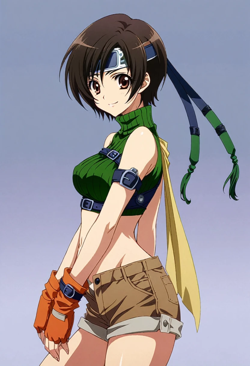 score_9, score_8_up, score_7_up,,BREAK source_anime, from side,side view,,(arms in sides).,medium shot,looking_at_viewer,1girl, yuffie kisaragi, final fantasy, short hair,headband,navel,sleeveless,turtleneck,brown eyes,sleeveless turtleneck,solo,breasts,looking at viewer,smile,gloves,crop top,brown hair,shorts,midriff,,sweater,open fly,fingerless gloves,ribbed sweater,medium breasts,,smile,smug,(best quality),(aesthetic,very aesthetic),masterpiece,(high-resolution), (anime screenshot:0.5),(mid),(superior contrast.ultra sharp).