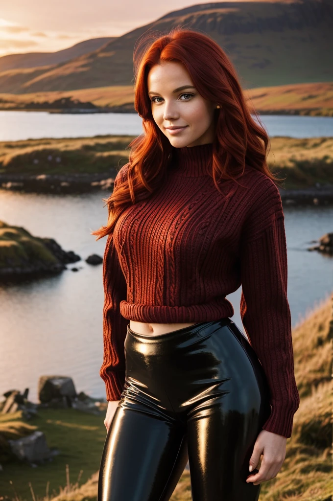 a gorgeous European woman, wavy crimson red hair in the wind. she's a men magazine model, She has a subtle smile and flirts with the camera, (she wears leather shirt), (with a long wool sweater and pvc leggings:1.2),background landscape of Scotland Loch and Scottish castle ruins, (in sunset light:1.2),