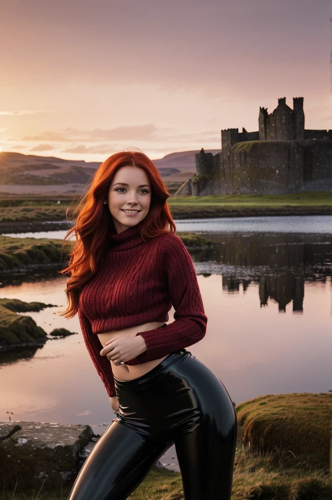 a gorgeous European woman, wavy crimson red hair in the wind. she's a men magazine model, She has a subtle smile and flirts with the camera, (she wears leather shirt), (with a long wool sweater and pvc leggings:1.2),background landscape of Scotland Loch and Scottish castle ruins, (in sunset light:1.2),