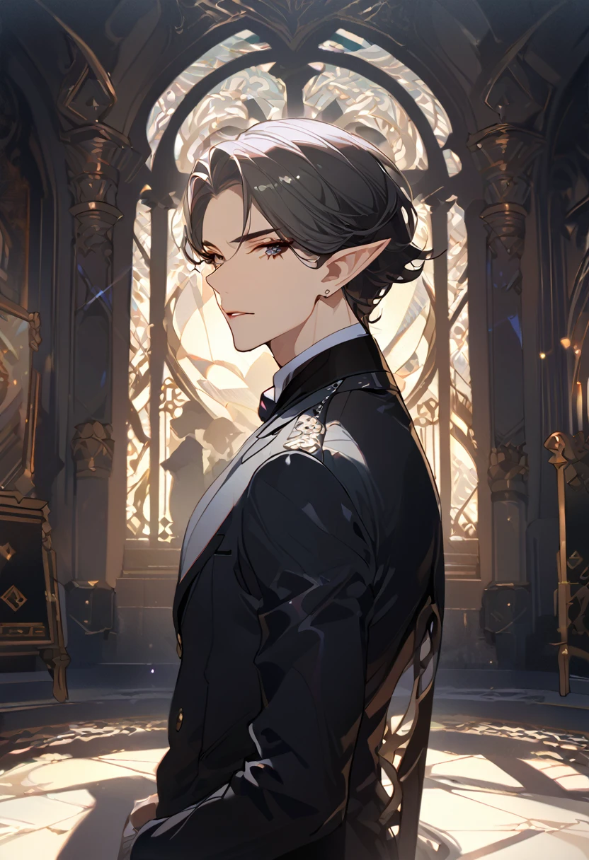 masterpiece, best quality, 8k ,4k , 1 male, elf, long ears elf, dark grayish hair, dark greenish eyes, hair ornament, finely detailed eyes and detailed face, looking at viewer, from side, meticulous clothes, formal clothes, combination of white and black coat, half cape by the shoulders, patterned clothes, majestic looks, sharp looks, shadows, inspired by Asukaziye artist : ask, art style : ask