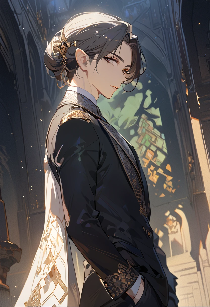 masterpiece, best quality, 8k ,4k , 1 male, elf, long ears elf, dark grayish hair, dark greenish eyes, hair ornament, finely detailed eyes and detailed face, looking at viewer, from side, meticulous clothes, formal clothes, combination of white and black coat, half cape by the shoulders, patterned clothes, majestic looks, sharp looks, shadows, inspired by Asukaziye artist : ask, art style : ask