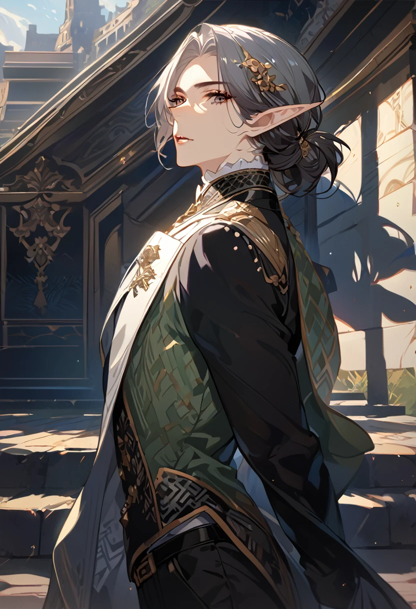 masterpiece, best quality, 8k ,4k , 1 male, elf, long ears elf, dark grayish hair, dark greenish eyes, hair ornament, finely detailed eyes and detailed face, looking at viewer, from side, meticulous clothes, formal clothes, combination of white and black coat, half cape by the shoulders, patterned clothes, majestic looks, sharp looks, shadows, inspired by Asukaziye artist : ask, art style : ask