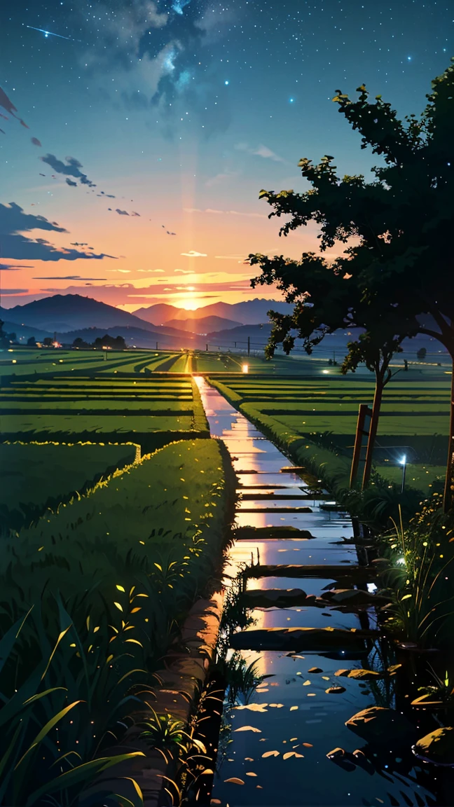 Rural rice field road at night