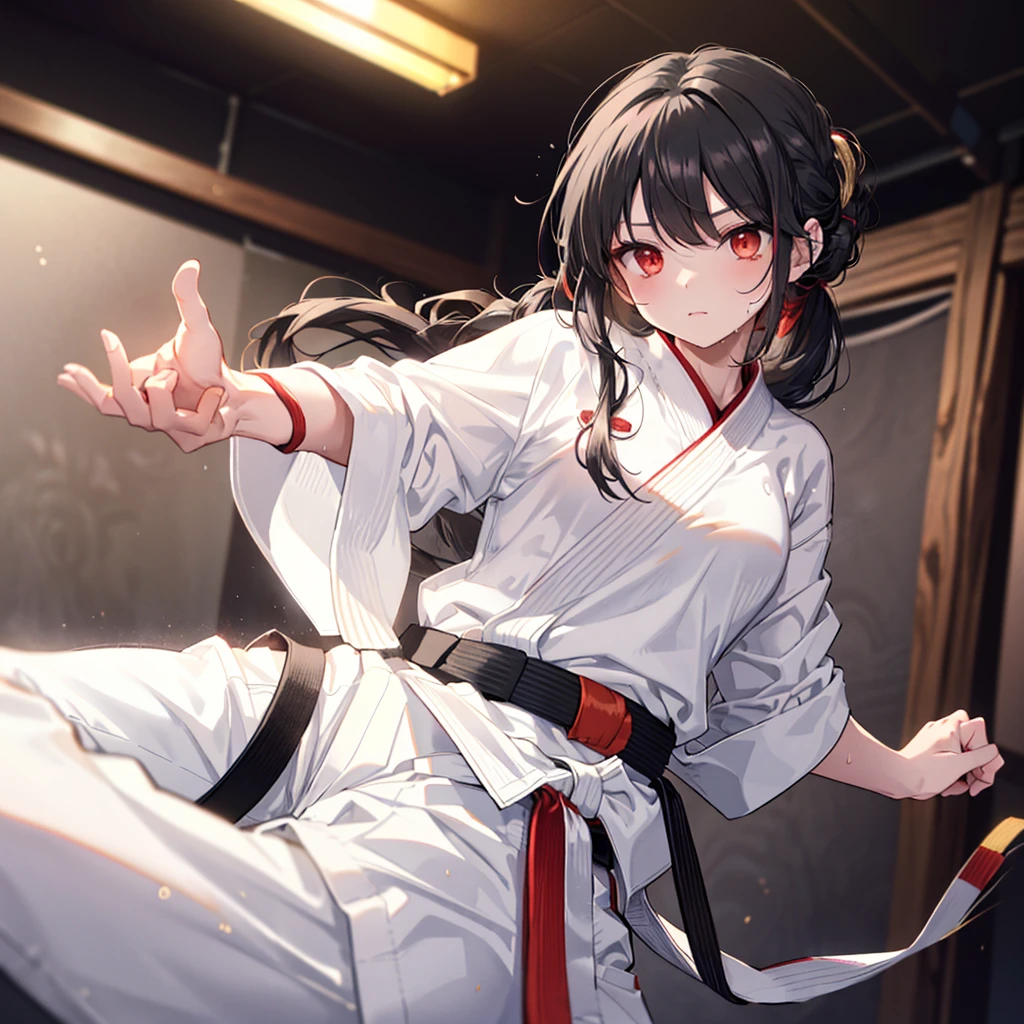 ((((Karate　High Kick　Black belt))))　(((White Doshi　White trousers　Sweat　Bright red eyes　Black Hair　Long Hair　Tie your hair back)))　((Aura of Gold))　Shining Edge　Shining Background