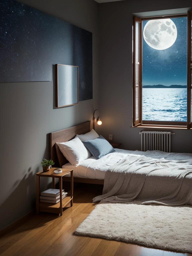 超High resolution, Attention to detail, high quality, High resolution, 最high quality, 4K, 8k,Real,windowから見る景色,Starry Sky,moon,window,room,床が反射面のように見えその下に果てしない深淵があるような錯覚を生み出すroomのトリックアー,