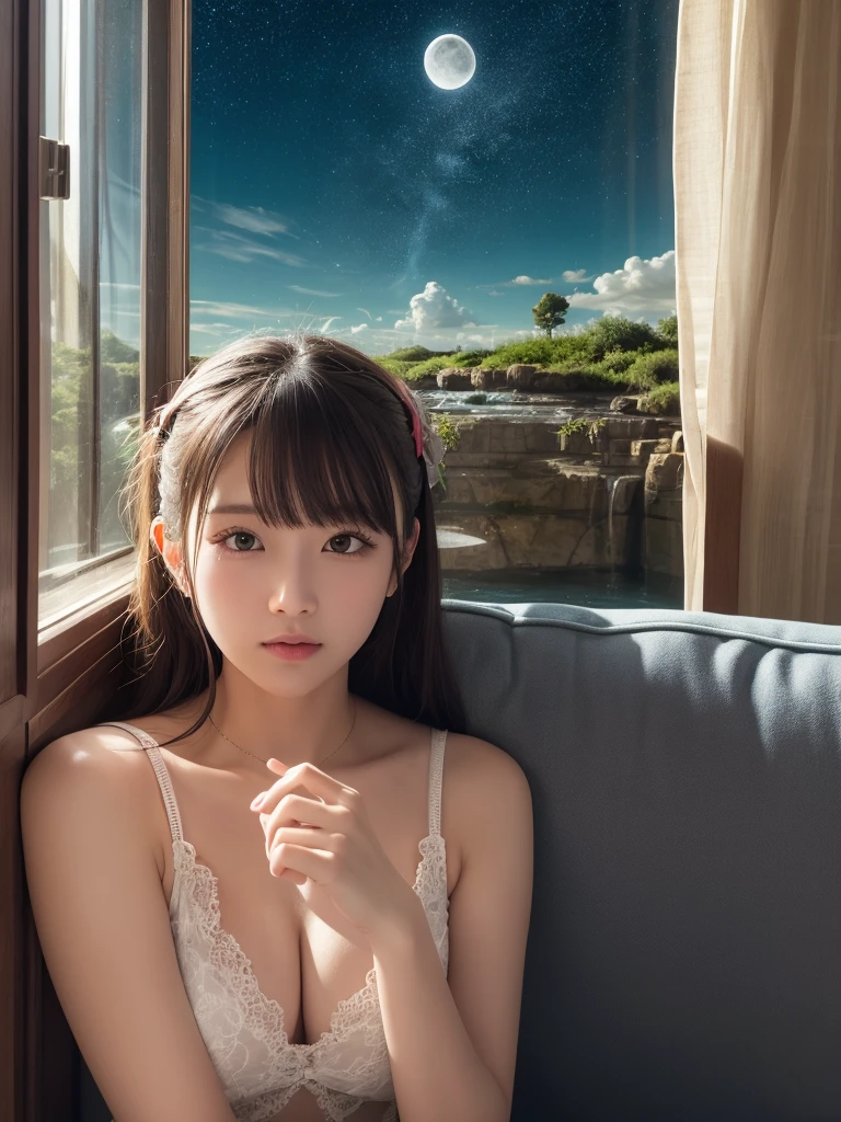 超High resolution, Attention to detail, high quality, High resolution, 最high quality, 4K, 8k,Real,windowから見る景色,Starry Sky,moon,window,room,床が反射面のように見えその下に果てしない深淵があるような錯覚を生み出すroomのトリックアー,