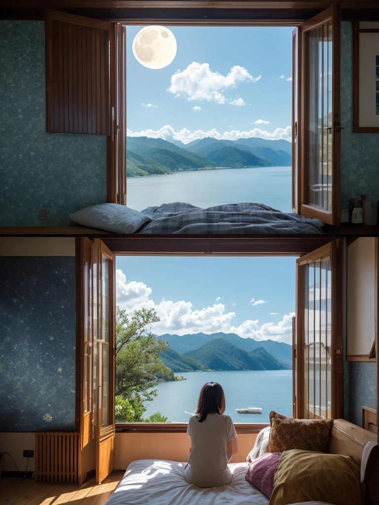 超High resolution, Attention to detail, high quality, High resolution, 最high quality, 4K, 8k,Real,windowから見る景色,Starry Sky,moon,window,room,床が反射面のように見えその下に果てしない深淵があるような錯覚を生み出すroomのトリックアー,
