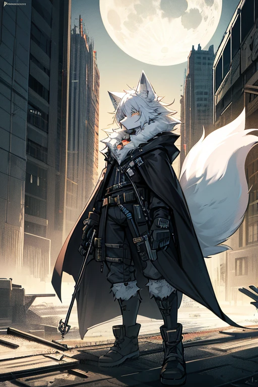 fluffy fox, white fur, night, moon hair, fluffy tail, chest, hips, in a black cloak, hunter, holding a crossbow, at a construction site in a post-apocalyptic city, zenless zone zero style
