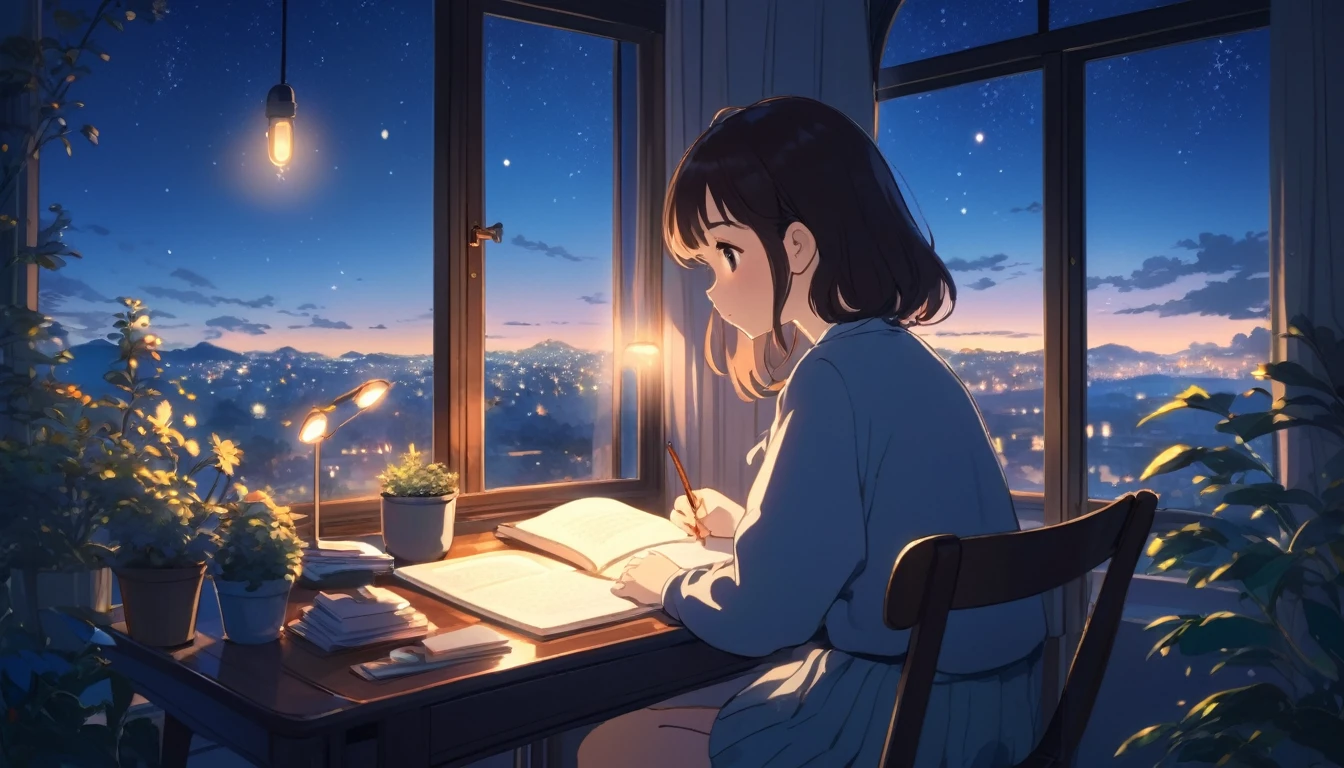 Ghibli style, A girl studying alone at a desk,beauty, Night view from the room, Dreamy view outside the window, Cute girl in anime style, Relax in your room, A room filled with warm light