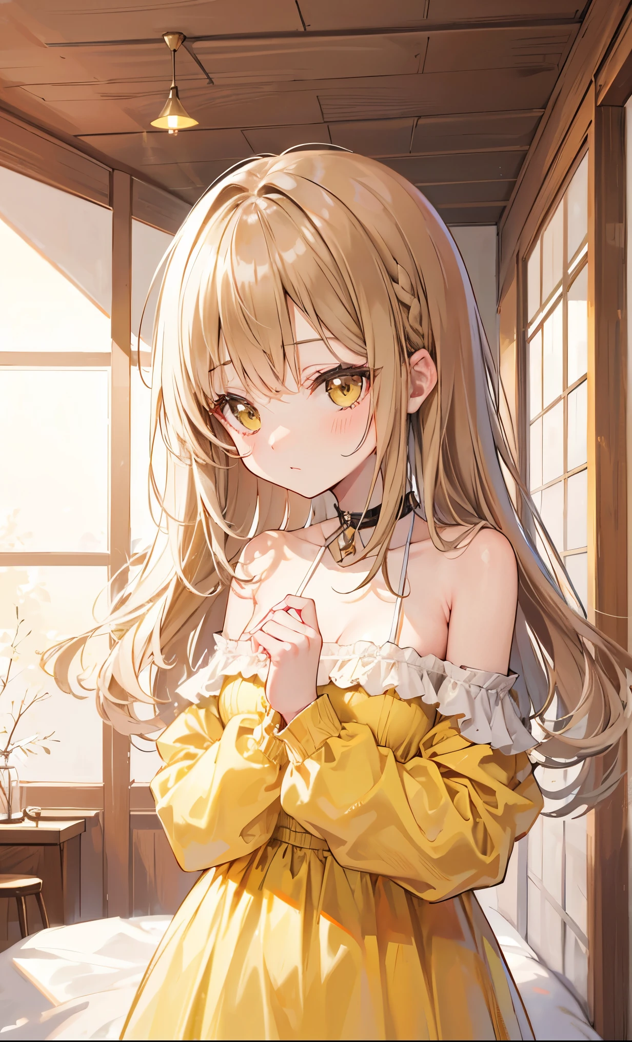 Light brown shoulder length hair,Light yellow clothes with white inner weat,Cute and adorable little wife