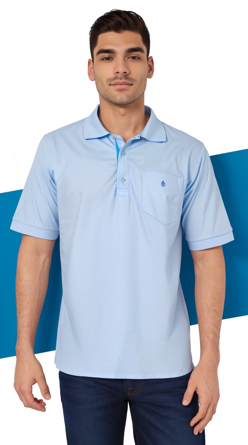 a man in a blue camisa standing with his hands in his pockets, wearing polo camisa, manga curta, wearing a light blue camisa, céu uniforme simples, Céu Claro Uniforme, tcamisa, blue camisa, céu uniforme simples at the back, céu azul, azul claro, camisa design, camisa, com dois bolsos frontais, sport t-camisa, t-camisa