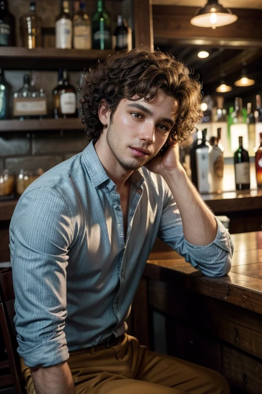 Curly-haired man sitting at a bar at a party