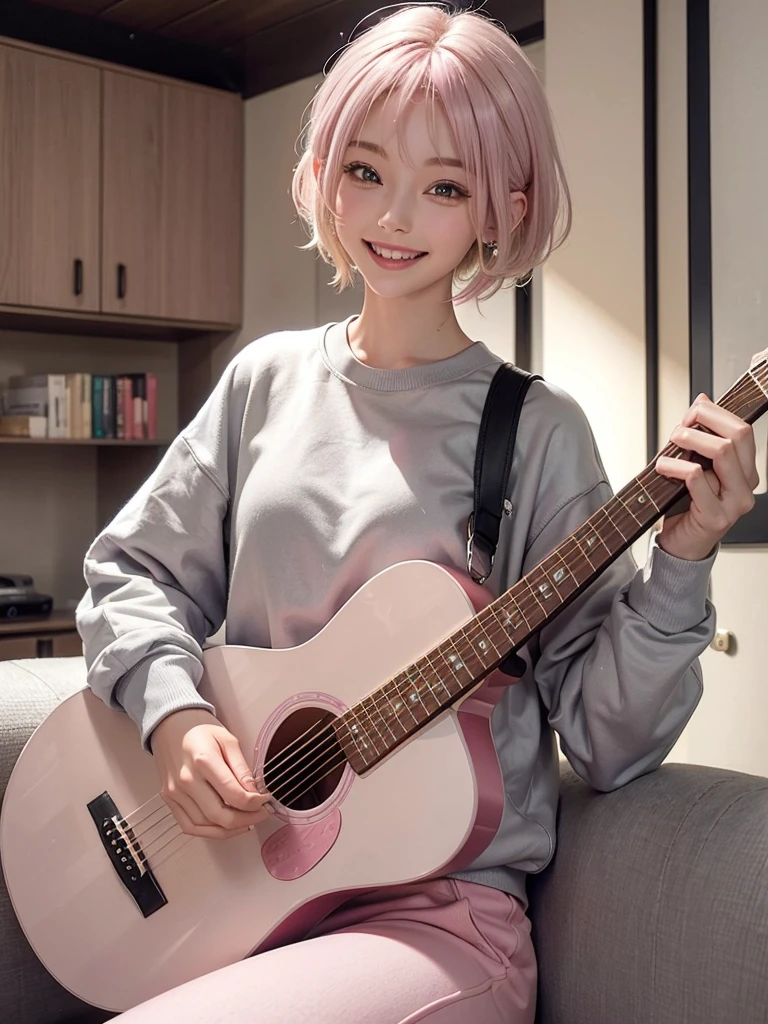 {masterpiece}, 1woman, (upper body), living room, (big smile), playing the guitar, (white sweatshirt), gray sweat pants, (in the midnight), (in the heat), 20years old, (blonde hair, pink colored inner hair), short hair, Korean