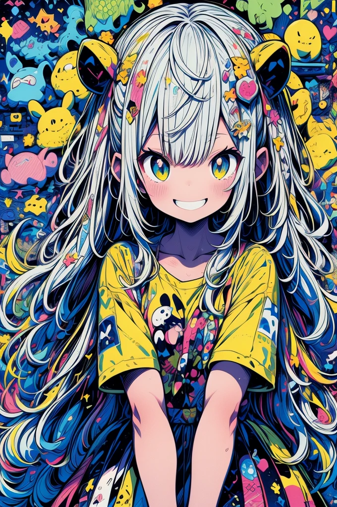 masterpiece, Highest quality, Highly detailed CG Unity 8k wallpaper, Yellow worldview, Cute anime illustrations, One girl, Big smile, Digital Art, Fantasy art, Dreamland, The background is a geometric pattern of colorful bubbles. Funny, pastel colour, light blue, Octane Rendering Style,