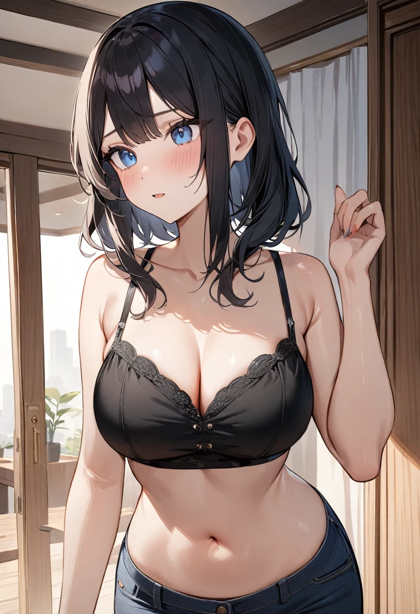 (masterpiece, top quality, very aesthetic, 4k、8ｋ、illustration), intricate detail, 1girl,Standing 、(upper body)、clear face、()、
Cute 、black hair、,middle hair,sidelock ,,blue eye、casualClotheedium breasts、Slim 、