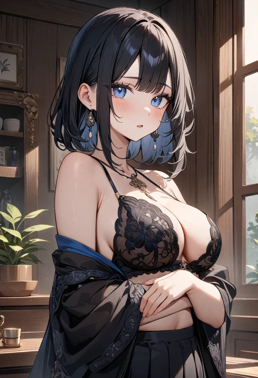 (masterpiece, top quality, very aesthetic, 4k、8ｋ、illustration), intricate detail, 1girl,Standing 、(upper body)、clear face、()、
Cute 、black hair、,middle hair,sidelock ,,blue eye、casualClotheedium breasts、Slim 、