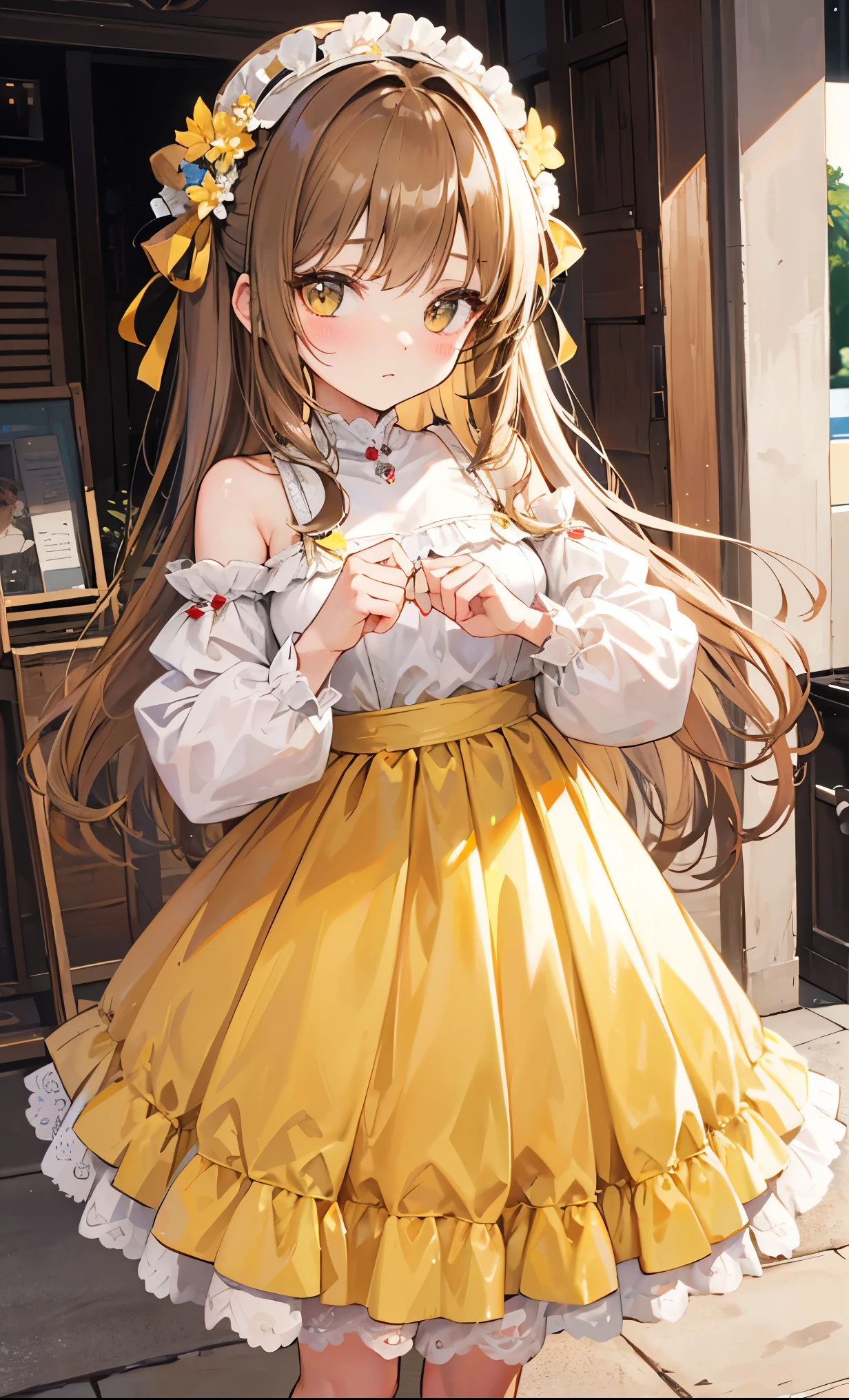 Light brown shoulder length hair，Light yellow clothes with white inner weat，Cute and adorable little wife