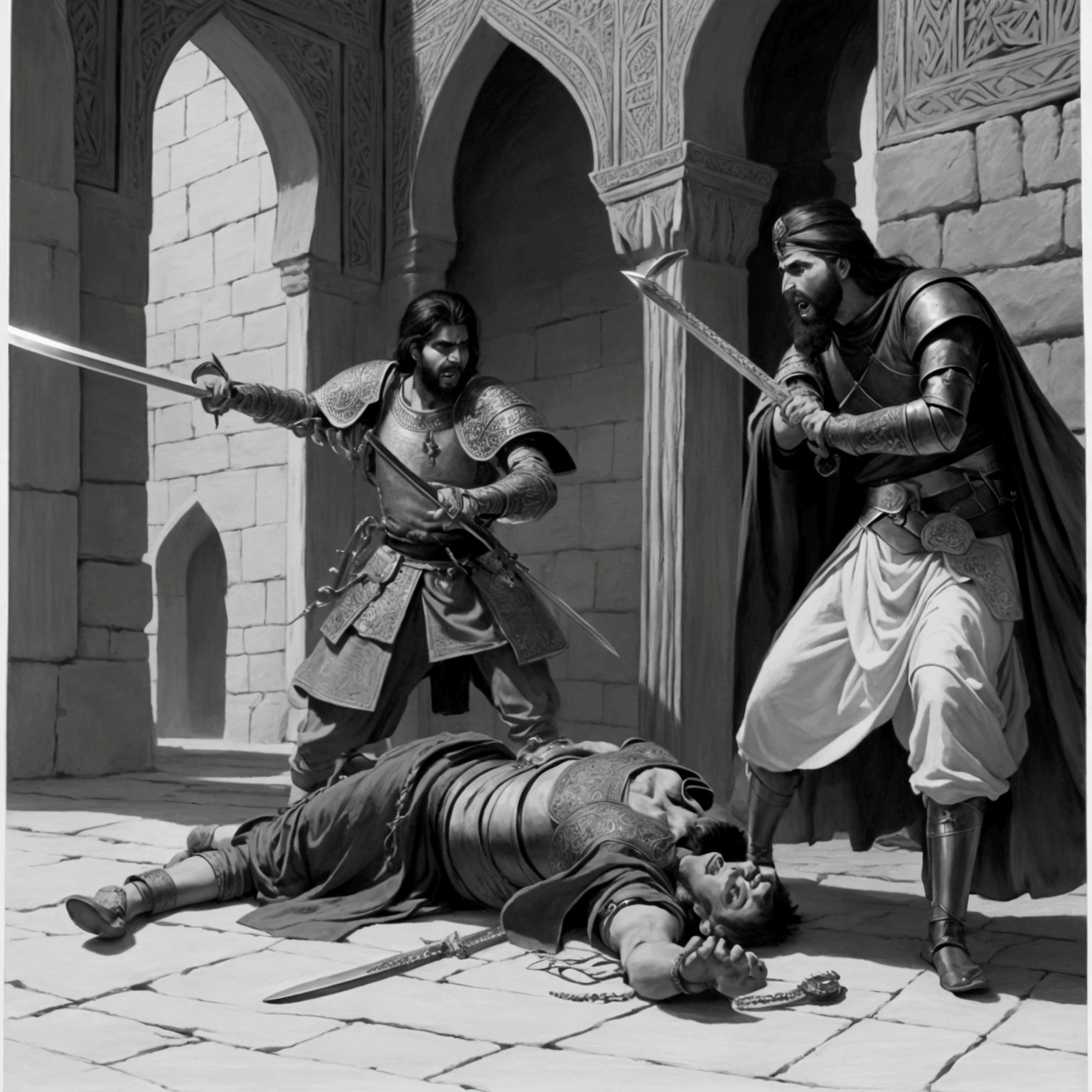drawing, 4k, a Persian prince killing his king with his sword after mutiny, the king is trying to defend and looks shocked and shouting while the prince is looking angry, medieval period, half monochromatic and half colorful  