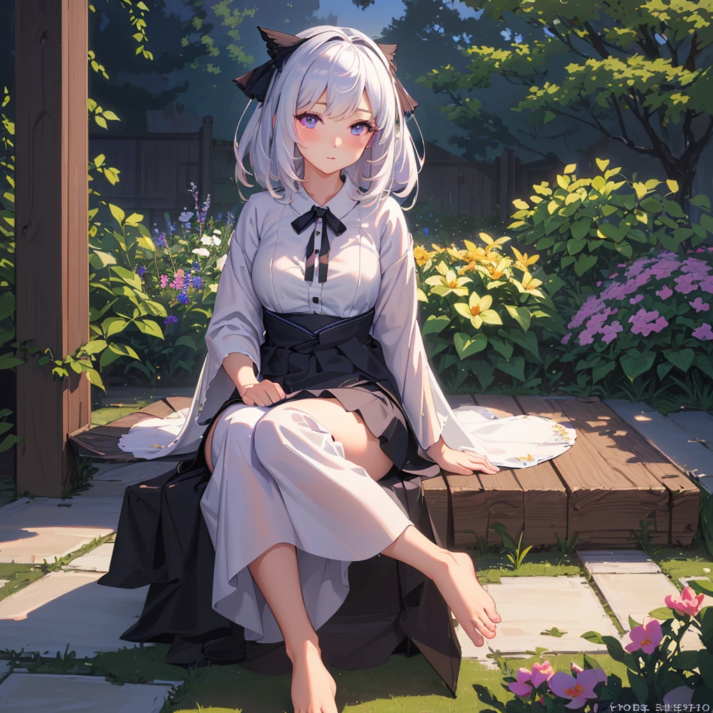 (best quality,4K,8K,high resolution,masterpiece:1.2),Extremely detailed,(Practical,photoPractical,photo-Practical:1.37),illustration,Soft lighting,White hair girl,Deep purple eyes,Glowing eyes,sit down,barefoot,blush,In the garden at night,Flowers.