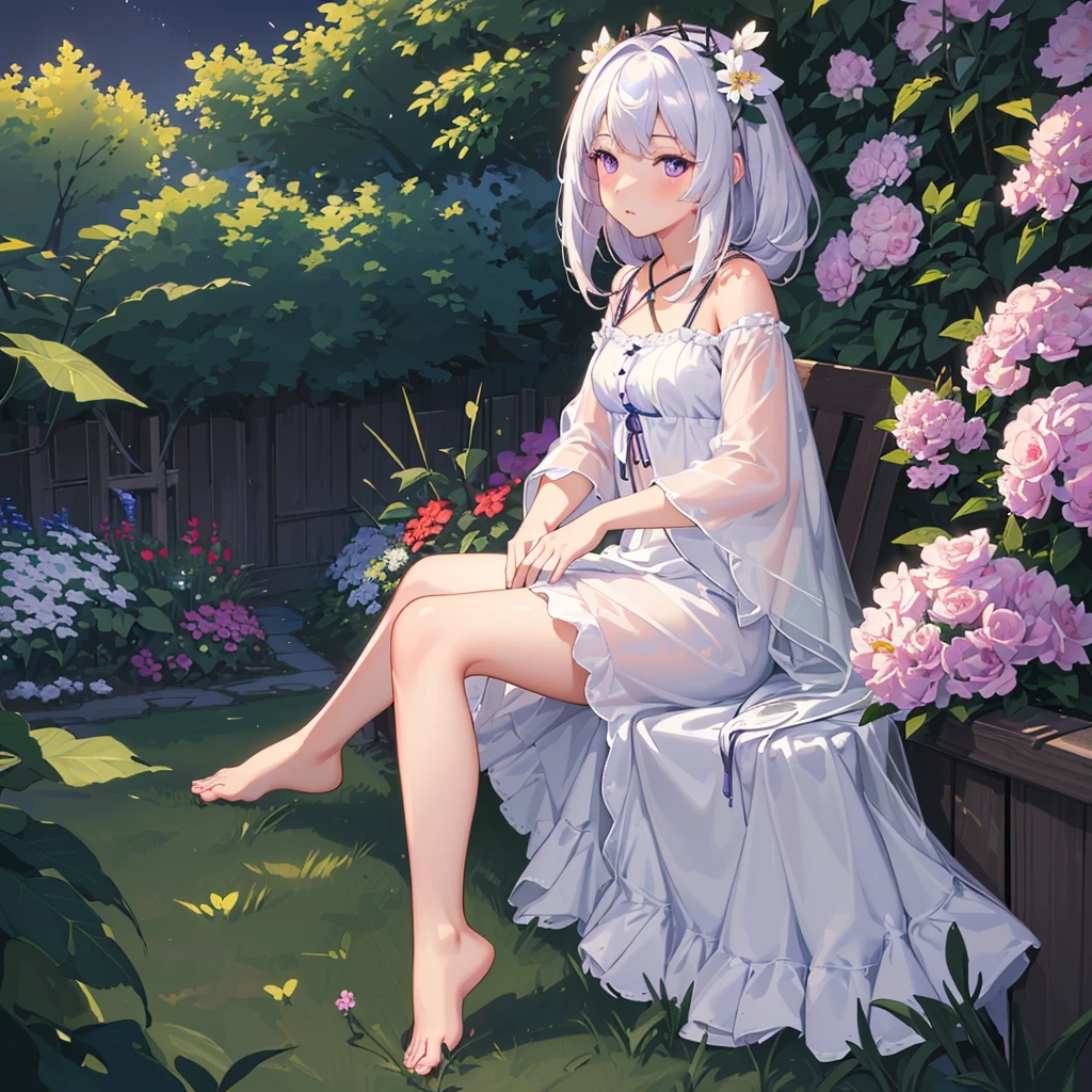 (best quality,4K,8K,high resolution,masterpiece:1.2),Extremely detailed,(Practical,photoPractical,photo-Practical:1.37),illustration,Soft lighting,White hair girl,Deep purple eyes,Glowing eyes,sit down,barefoot,blush,In the garden at night,Flowers.