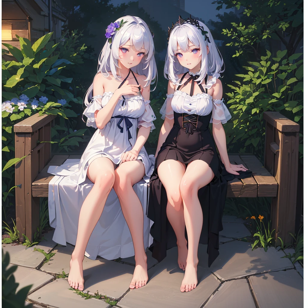 (best quality,4K,8K,high resolution,masterpiece:1.2),Extremely detailed,(Practical,photoPractical,photo-Practical:1.37),illustration,Soft lighting,White hair girl,Deep purple eyes,Glowing eyes,sit down,barefoot,blush,In the garden at night,Flowers.