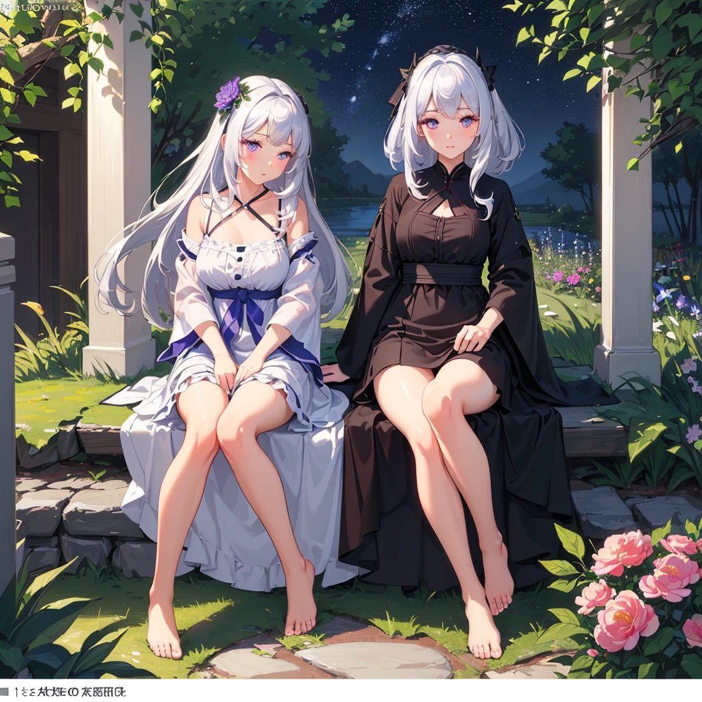 (best quality,4K,8K,high resolution,masterpiece:1.2),Extremely detailed,(Practical,photoPractical,photo-Practical:1.37),illustration,Soft lighting,White hair girl,Deep purple eyes,Glowing eyes,sit down,barefoot,blush,In the garden at night,Flowers.