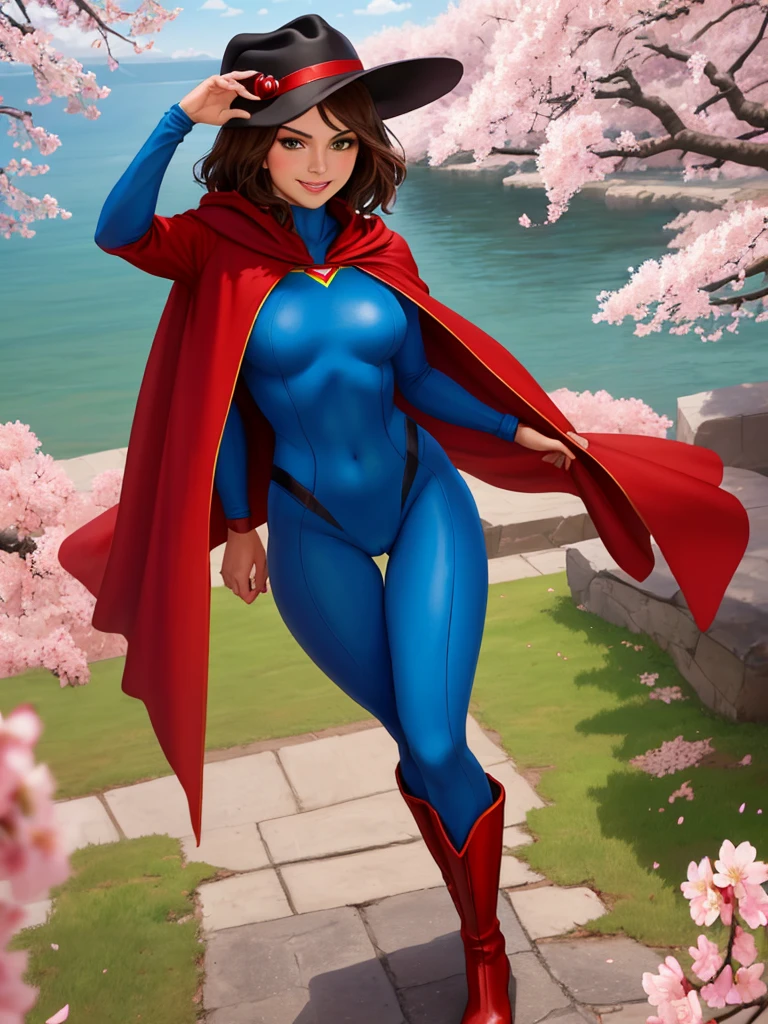masterpiece, best quality:1.2), 1girl, smile, looking at viewer, short brown hair, green eyes, black fedora hat, dressed as superwoman, full bodysuit, blue catsuit, red cloak cape, red boots, standing under cherry blossoms
