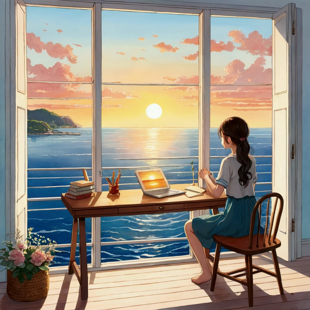 White Room、The sea seen from the window、evening、Girl Catching the Wind、Wooden chair and desk、Notebook on the desk、An illustration、Sunset