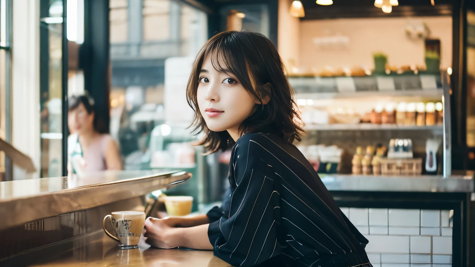 super high quality, Fashion Model, Slenderのネックレス, Slender, The staff is working at the counter in the back., (8k、RAW Photos、Highest quality、masterpiece:1.2), Stylish café, Fashion magazine photoshoot, (Realistic、Photorealistic:1.37), Beautiful Face , Mesh Hair, Urban Cafe, Golden Ratio, Raw photo, Small breasts, Bright cafe interior, Blurred Background, Summer clothes, Beauty, Photographed inside the cafe, 20-year-old, Hair blowing in the wind, Neat clothes, Cool older sister, Stylish clothes,