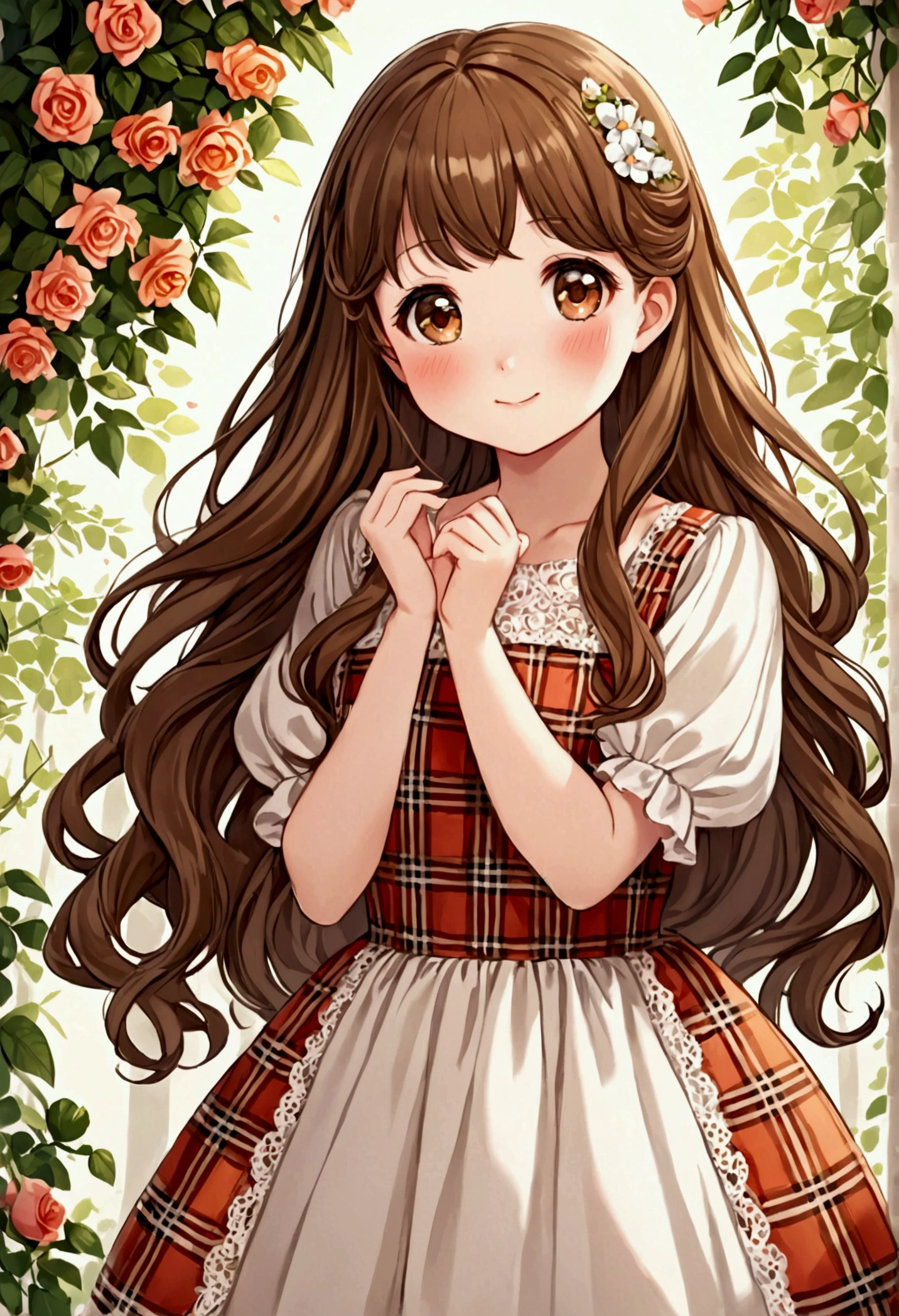 Very beautiful and sweet women, with innocent shy facial expression with sweet smile, very long wavy honey brown hair, white skin complexion, brown doe eyes. Very detailed. cute plaid dress, blushing rosy cheeks, , chubby and adorable